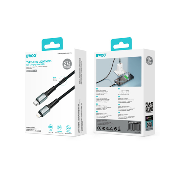 BWOO Flätad kabel USB-C - Lightning 3m 30W svart