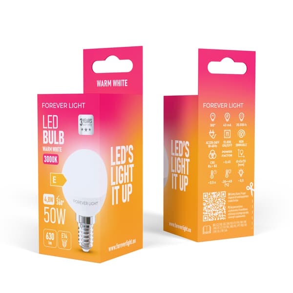 Forever Light LED-lampa E14 G45 4.8W 630lm 3000K klass E
