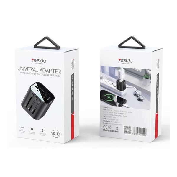 YESIDO UNIVERSALADAPTER MC09 UK/EU/US/AU MAX 8A SVART