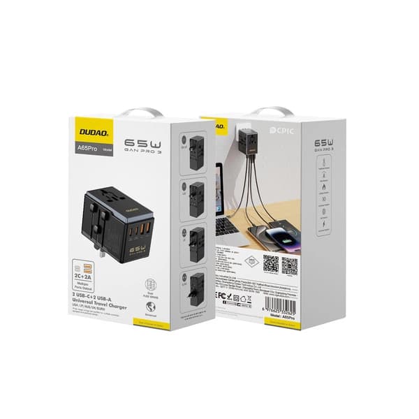 Dudao A65Pro Universal reseadapter 65Watt GaN 2xUSB-C + 2xUSB-A Svart svart