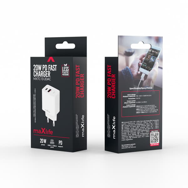 Maxlife MXTC-13-20AC PD QC laddare 1x USB-C 1x USB 20W vit vit