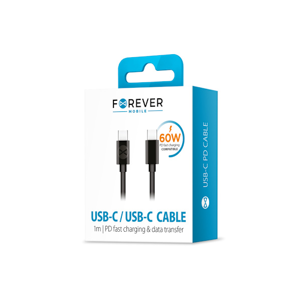 Forever-kabel USB-C - USB-C 1,0 m 60W svart