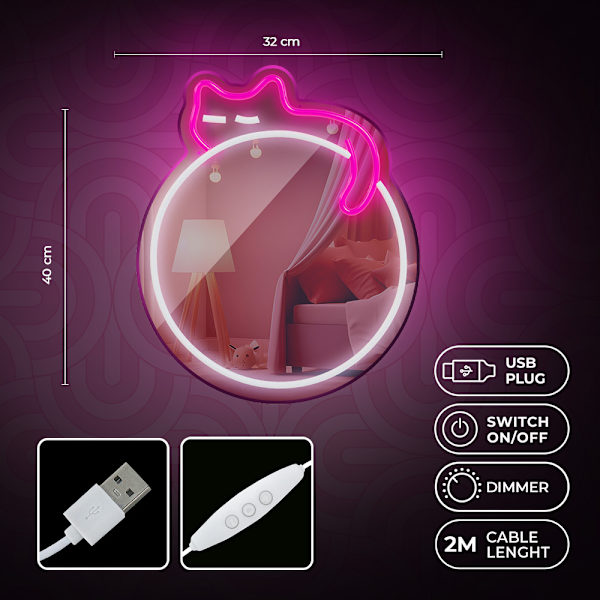 Neon SPEGEL LED SOVANDE KATT vit rosa FMNE03 Forever Light