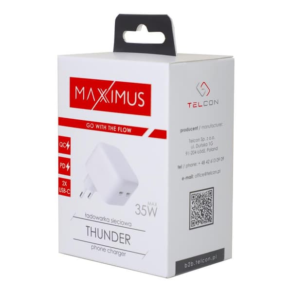 VÄGGLADDARE MX THUNDER PD 35W, 2xUSB-C vit vit