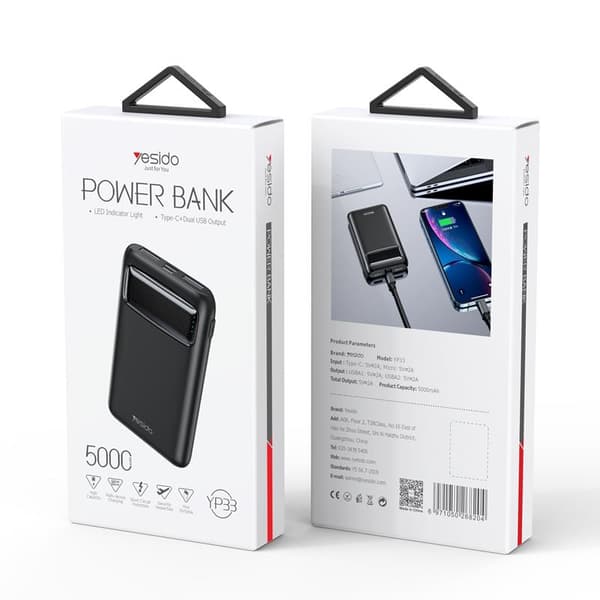 Yesido Powerbank YP33 5000 mAh - Black, 2xUSB-A + USB-C, LED-display