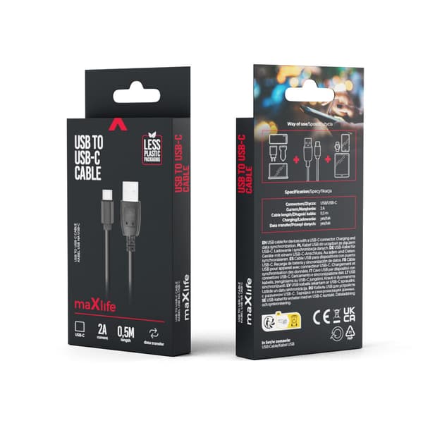 Maxlife kabel USB - USB-C 0,5 m 2A svart svart