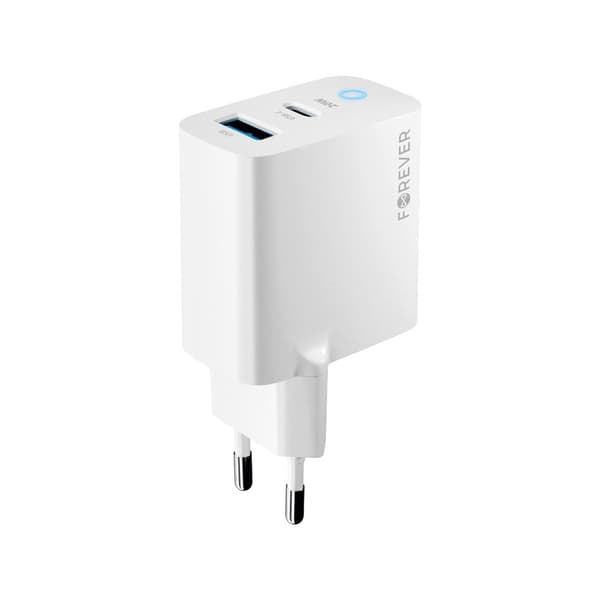 Forever TC-06-20AC PD QC laddare 1x USB-C 1x USB 20W vit vit