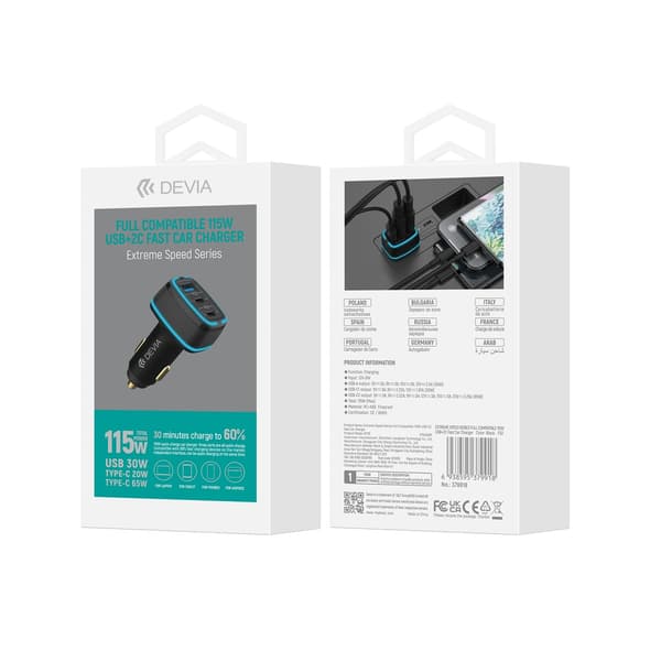 Devia billaddare Extreme 115W 2x USB-C 1x USB svart