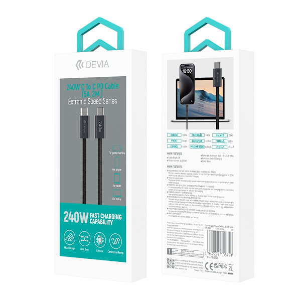 Devia-kabel Extreme EC652 PD USB-C - USB-C 2,0 m 240W svart