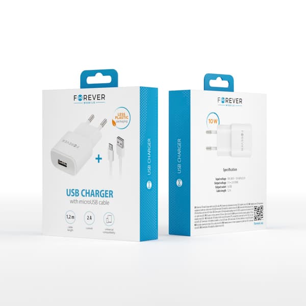 Forever TC-01 laddare 1x USB 2A vit + microUSB-kabel