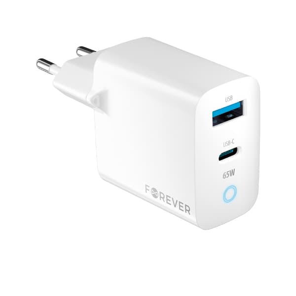 Forever TC-06-65AC GaN PD QC laddare 1x USB-C 1x USB 65W vit vit