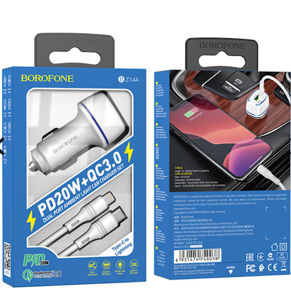 Snabb Billaddare USB C med iphone kabel vit