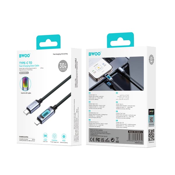BWOO X324CL flätad snabbladdningskabel med ljusdisplay PD 27W USB-C - Lightning