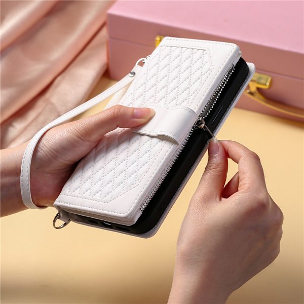 Long Lanyard läder fodral för iphone 14 plus med 7 kortplatser vit vit