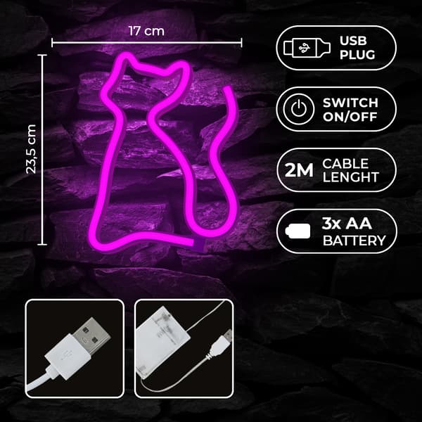Neon LED-lampa KATT rosa fladdermus + USB FLNE04 Forever Light