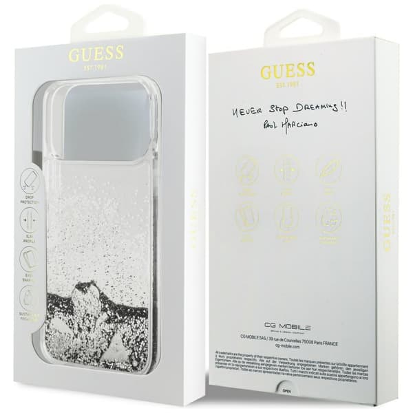 Guess Liq. Glitter Charms-fodral för iPhone 17 Pro Max silver