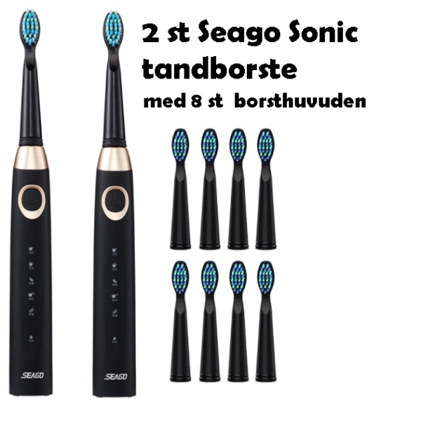 2 st Seago Sonic Electric tandborste med 8 borsthuvuden svart
