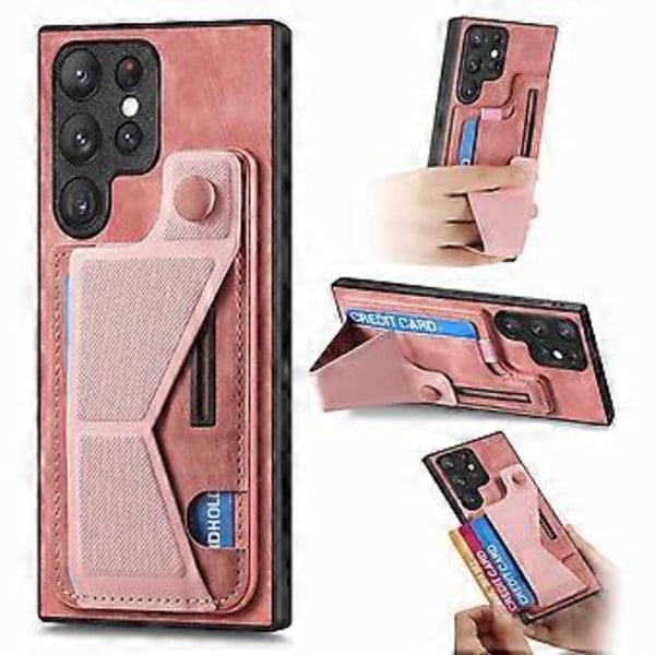 Skal för Samsung Galaxy S25 Ultra med Kortfack Ställ Retro Läder Baksida - Rosa (Rosa)