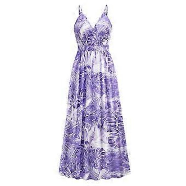 Sommarklänning för damer, tryckt bohemisk blommig lång maxiklänning med remmar, ärmlös V-ringad klänning (XL)