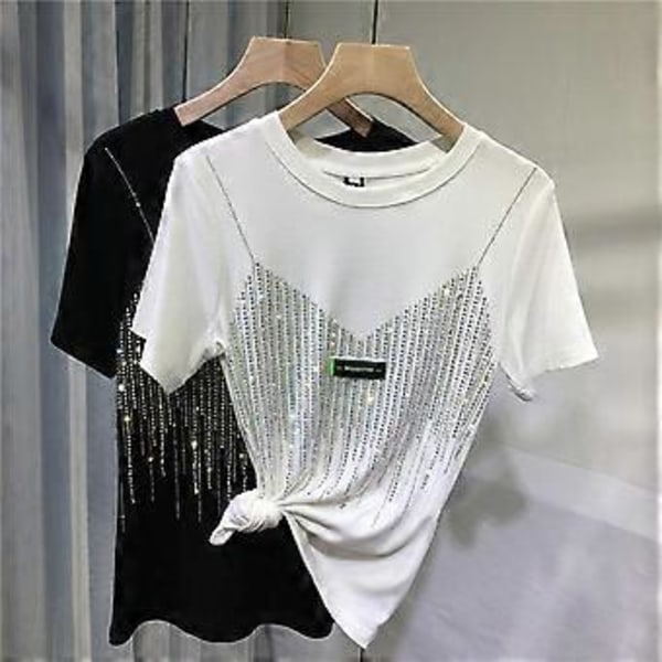 Chic Sommer Diamant Kortærmet T-shirt til Kvinder Casual Ensfarvet O-Hals T-shirt Damer Streetwear Tees Top (L hvid)