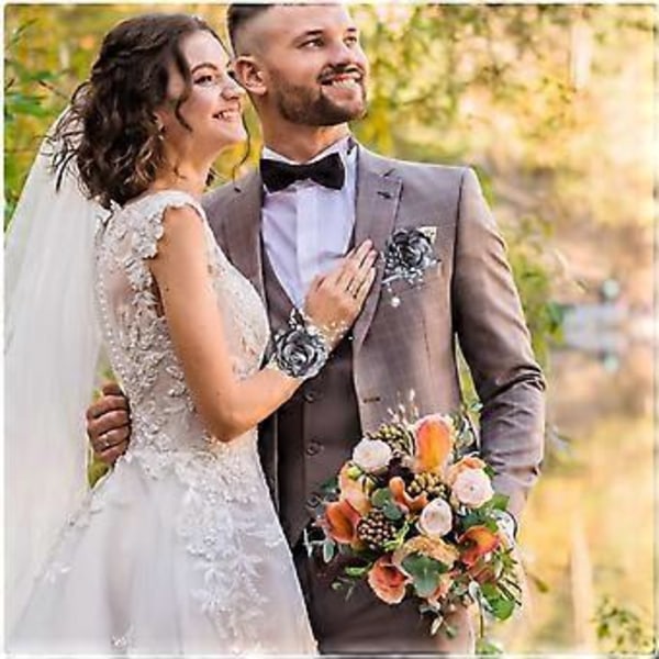 Brudtärna Handledsblomma Corsage Brud Siden Handledsblomma, med Konstgjord Pärla Pärlstav Elastiskt Armband Guldblad, Används för Bröllopsbal Hand F