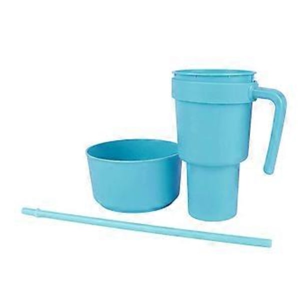 2-in-1 Snack- ja Juomakupillinen Oljella, Laaja Avaus, Muovijuomakupin Yläosa, Snack-kulho Elokuvateatterille, Kotiin, Matkalle (Vaaleansininen)