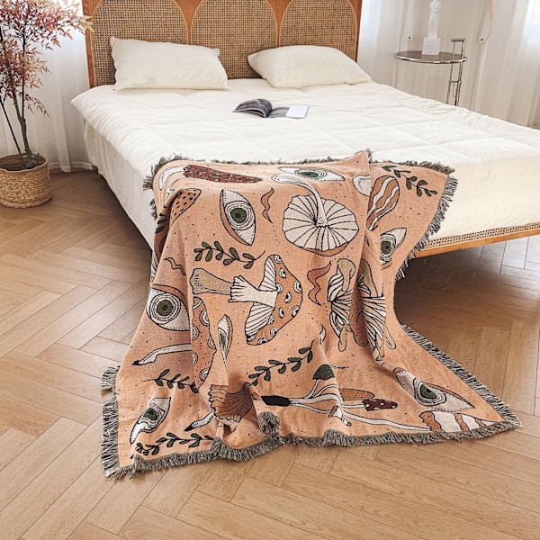 1 kpl 160x130cm Neulotu Mushroom-ruutukuvioinen Peitto, Koristeltu Fransuilla