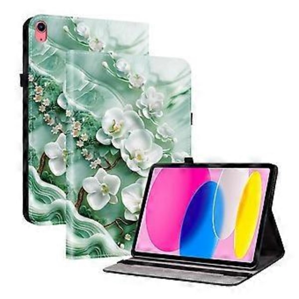 För iPad (2025) / 10.9 (2022) Läderfodral Mönstertryckt Ställ Tablet Skydd med Kortfack (Jadeblomma)