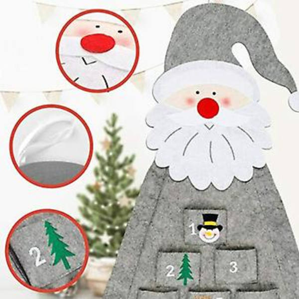 Stor Filt Julepynt Hjemmedekoration Julemand Adventskalender Lommer (Grå)