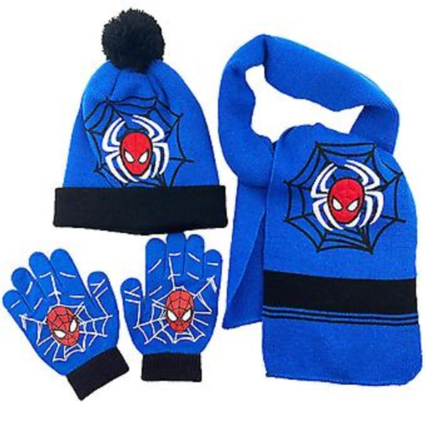 Spiderman-karaktär Vinter Varm Stickad Hatt Halsduk Vantar Set Pojkar Barn Spider-man Pompom Beanie Hatt (B)