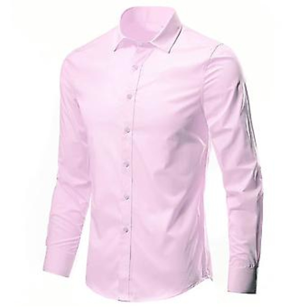 Mænd Lapel Hals Løstsiddende Skjorte Casual Langærmet Almindelig Knapper Ned Formelle Business Skjorte Toppe (M Pink)