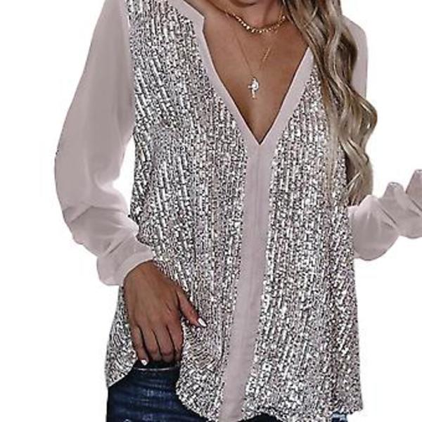 Satin-sydd långärmad topp, sexig glänsande paljett-skjorta, bekväm blus för arbete, kontor (3XL Rosa)