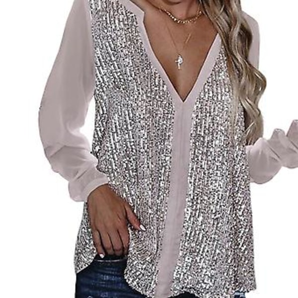 Sequin Stitched Long Sleeve Top Sexy Shiny Sequined Shirt Comfy Blouse For Business Work Office Wear(3XL Pink)