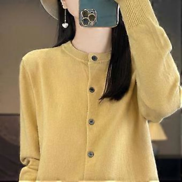 Forår og efterår dame cardigan ensfarvet rund hals enkeltknappet strikket bund dame sweater jakke (2XL sort)
