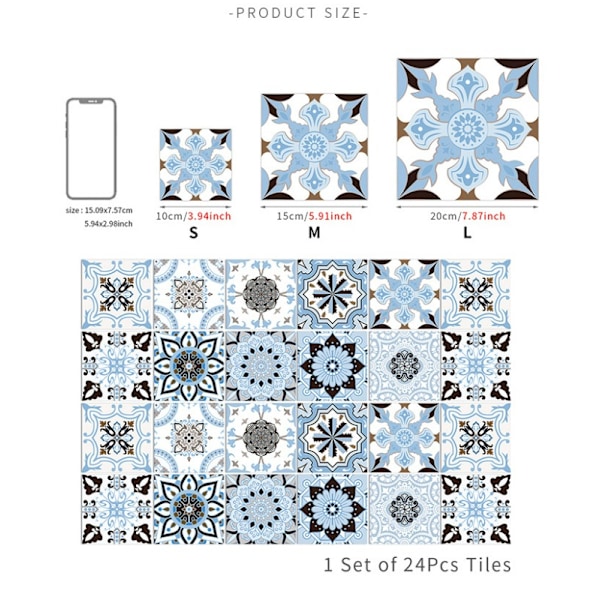 24 stk selvklebende flis klistremerker 15×15cm - Blå, Kjøkken Sall