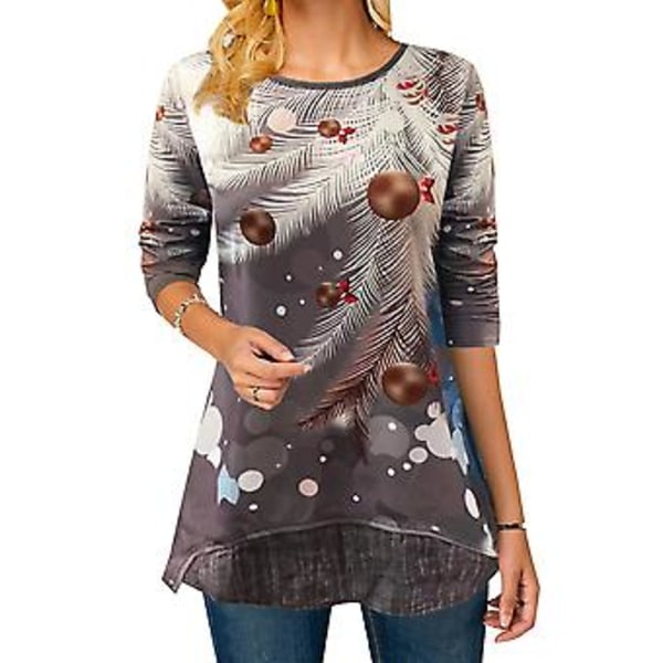 Naisten Joulu 3D Lumimies Pusero Joulu Pitkähihainen Lady Blouse T-paita Tunika Topit (2XL Harmaa)