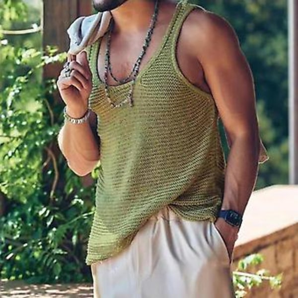 Mænd Sommer Vest Ærmeløs Ensfarvet Enkel Stil Strikket U-Hals Sports Blød Trøje Mænd Tank Top Mænd Tøj (M Grøn)