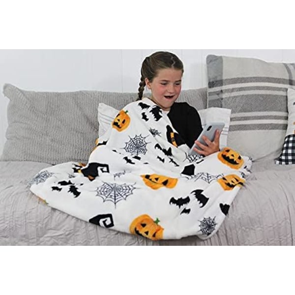 Haunted Halloween Fleece Tæppe: Edderkoppespind Heksehat Sorte Flagermus og Dekorerede Græskar Print på Blødt Fløjl F