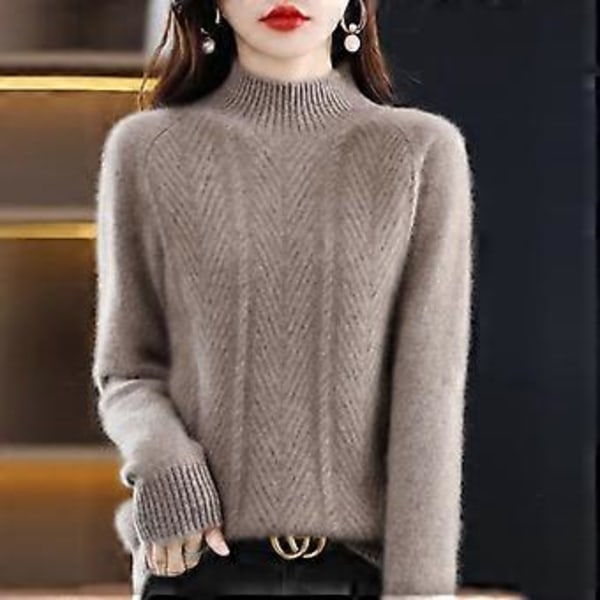 Ren Cashmere Sweater Pullover Dame Efterår og Vinter Halvhøj Krave Ensfarvet Casual Langærmet Strikket Bundtrøje Top (L sort)