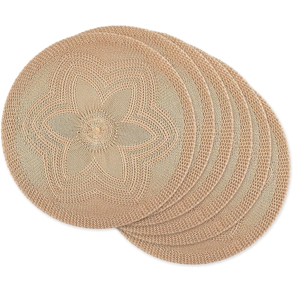 Round Braided Floral Placemat Set, 15", Stone, 6 Piece