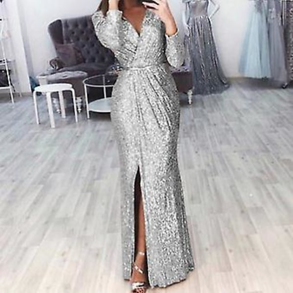 Women Deep V Neck Sequin Dress With Slit Long Sleeve Club Party Evening Dress For Women Lady(xxl white)