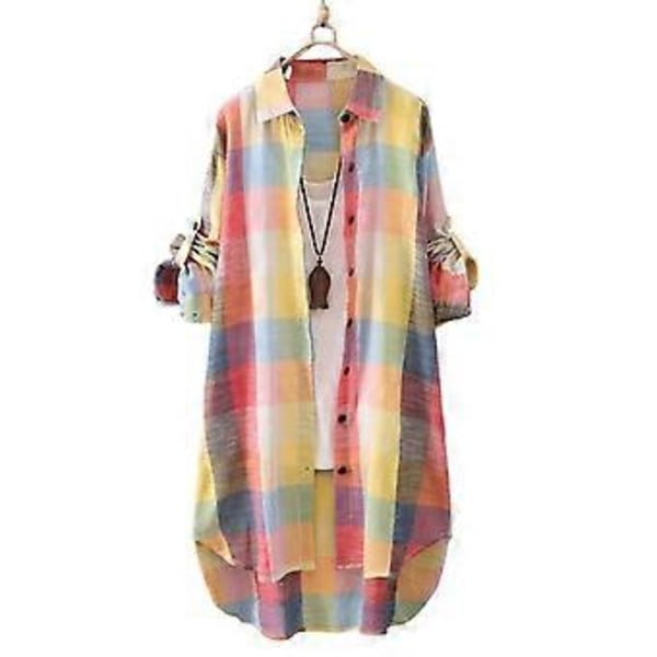 Dame Skjorte Plaid Print Kontrastfarve Uregelmæssig Kant Enkeltknappet Langærmet Revers Oversized Blød Åndbar Top (M orange, gul)