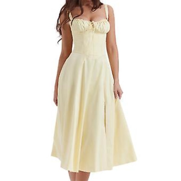 Modetryckt Bustier-Sommarklänning med Snörning och Spets, Ärmlös Klänning för Kvinnor (XL Ljusgul)