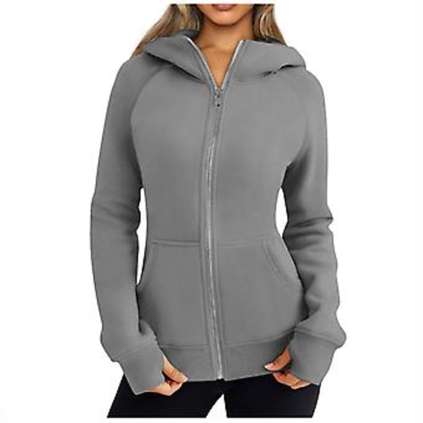 Dragkedja Hoodie för Kvinnor Fleecejackor Tröjor Höstkläder Tröjor Med Fickor Vinter Y2k Kläder XXL Grå