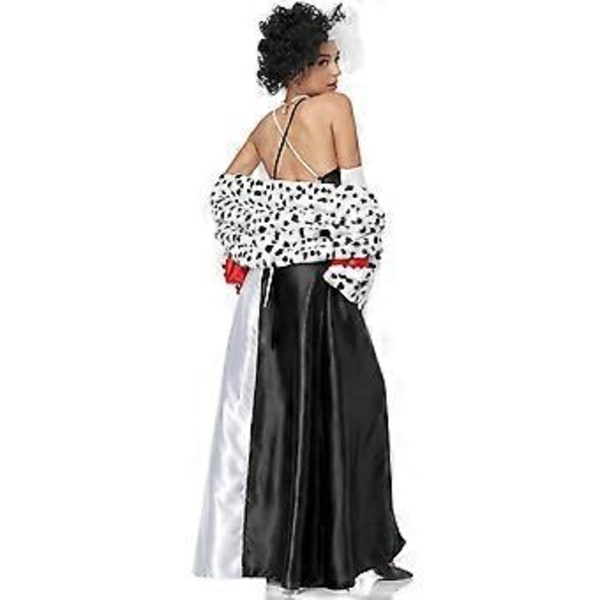 Halloween Hundra och en Dalmatiner Cruella Cosplay Kostym Cruella de Vil Klänning Sjal Set för Kvinnor (M Med Peruk Set)