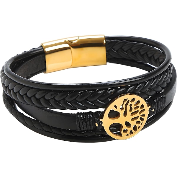 Livets Træ Læderarmbånd til Mænd, Multi-Layer Flettet Religiøse Boho Damearmbånd med Rustfrit Stål Lås