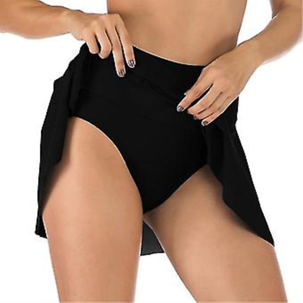 Svømmeskjørt for kvinner, høyt liv, volang, svømmeshorts, bikiniunderdel, tankini-badedrakt (L SVART)