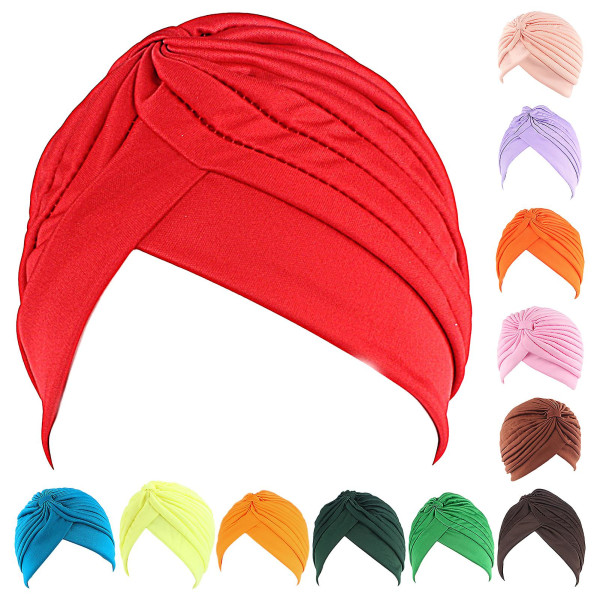 Farfi Pleated Turban Hat Breathable Stretchy Anti-uv Sun-proof No Brim Beanie Hat Party Accessories Red