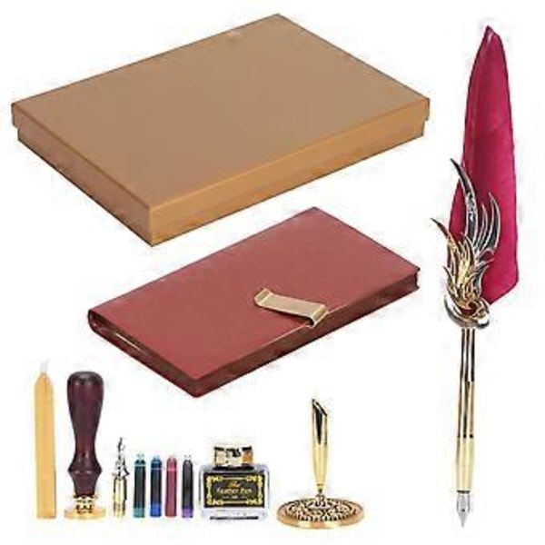 Dopp Kalligrafipenna Set Fjäder Bläckbehållare Fyllningspenna Presentförpackning Kit med Lackstämpel VerktygSP139006 Vinröd