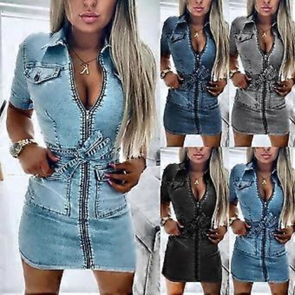 Dame Mode Kortærmet Denim Kjole Lynlås Foran Bandage Jeans Bodycon Lommer Kjoler Damer Revers Slim Mini Kjole (L mørkeblå)